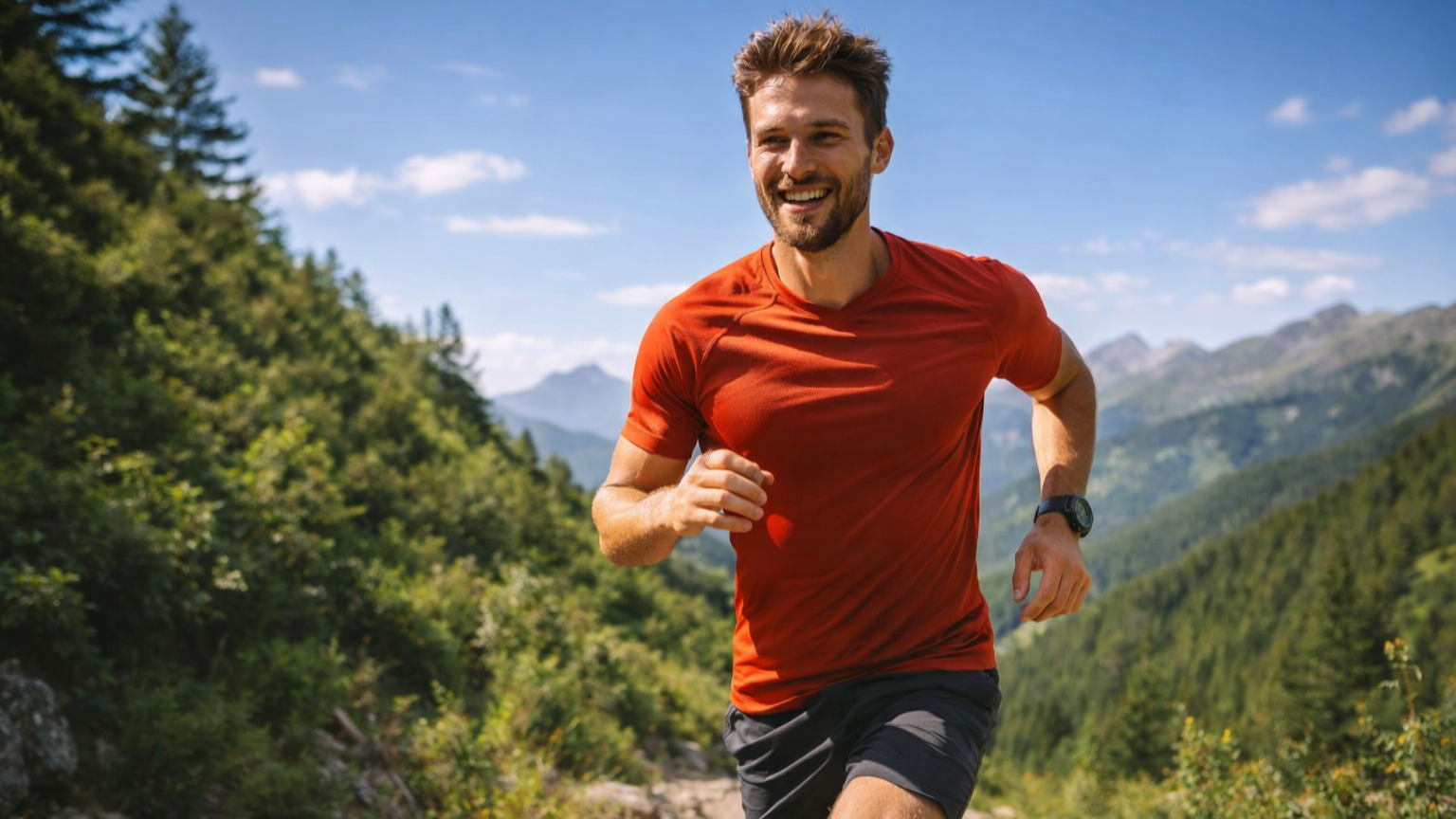 Sportující muž v přírodě při běhu, znázornění vitality, pohybu a zdravého životního stylu